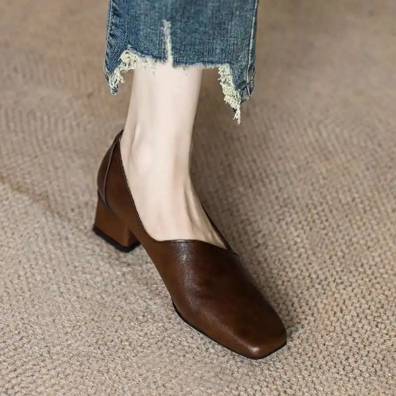 

Leather Shoes Women Autumn French Heel Thick Heel High Heels