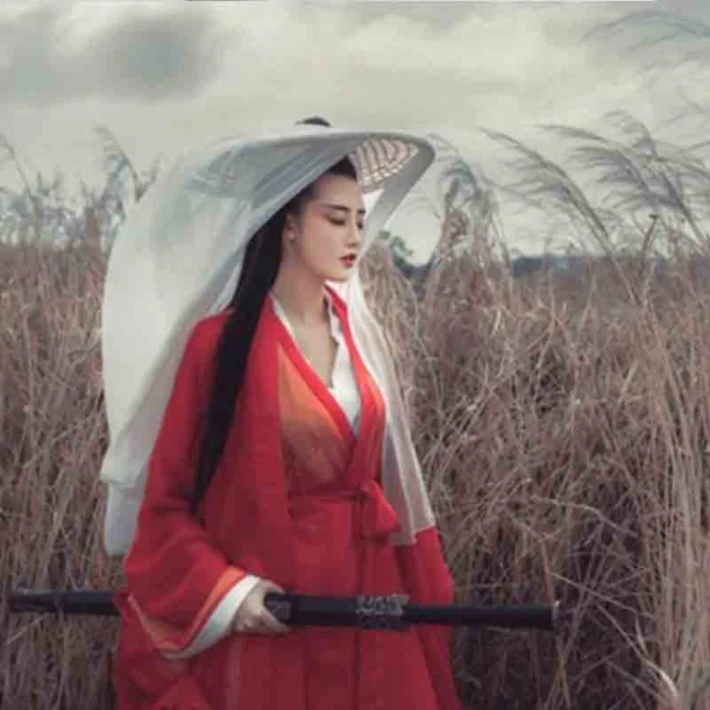 Chinese Oude Vintage Cap Vrouwen Hanfu Hoed Met Lange Sluier Douli Hoed Cosplay Prop Hanfu Emmer Hoeden Wit Rood Zwart voor Vrouwen