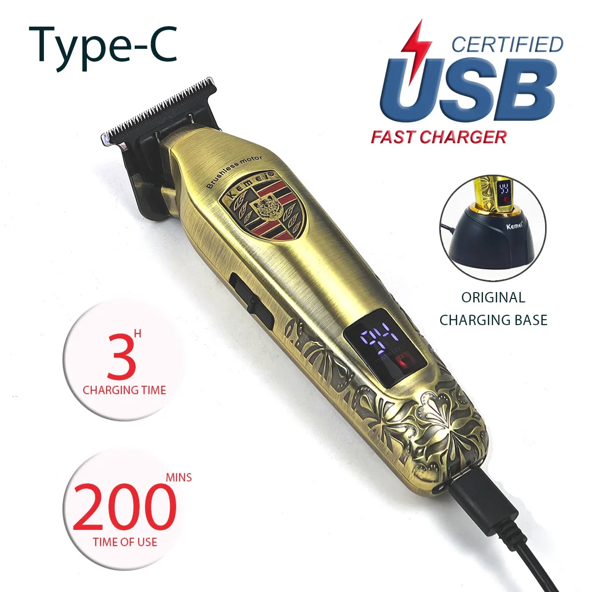 Kemei 2230 2236 All Metal Electric Barber Trimmer Brushless Motor 7500/7800RPM Barber Shop Salon Tool with Base Man Hari Clipper