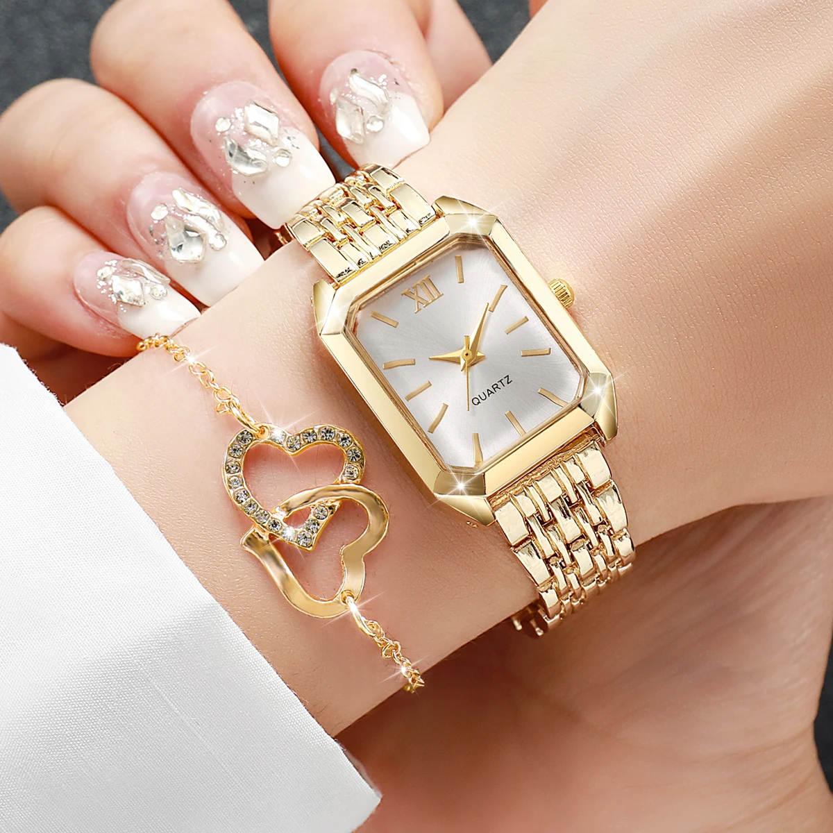 6PCS/Set Fashion Roma Dial Women Watches Ladies Rectangle Quartz Wristwatch Rhinestone Jewelry Set Reloj Mujer (Without Box)