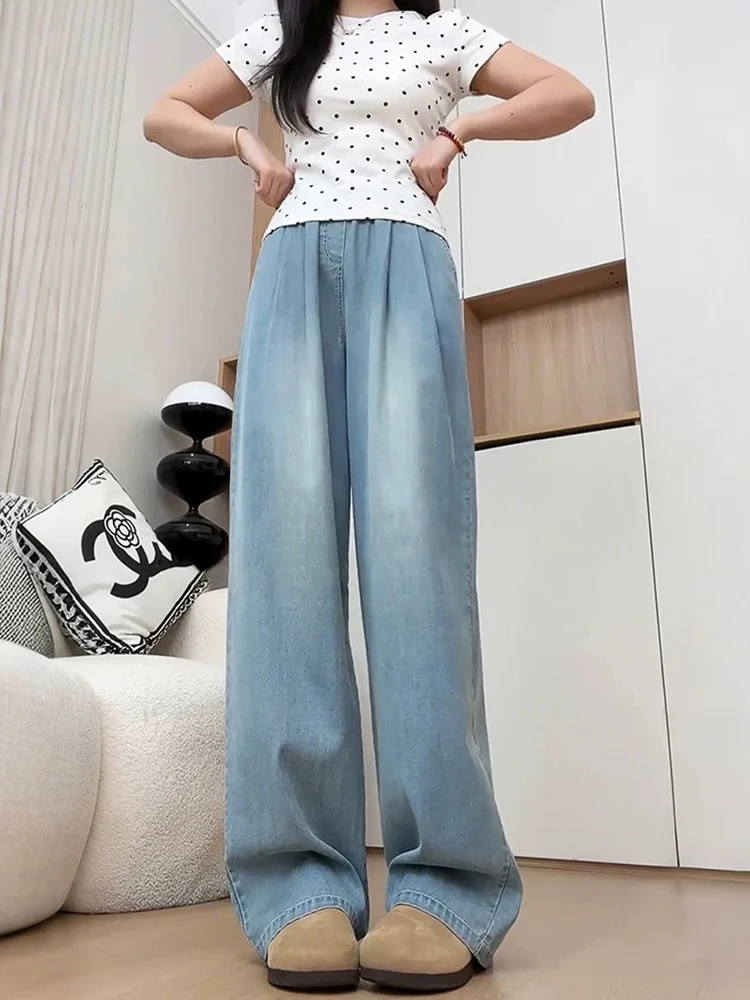 

Синие шелковые джинсовые брюки большого размера, летние тонкие широкие брюки прямого кроя с высокой талией, свободные утягивающие женские джинсы из ледяного шелка