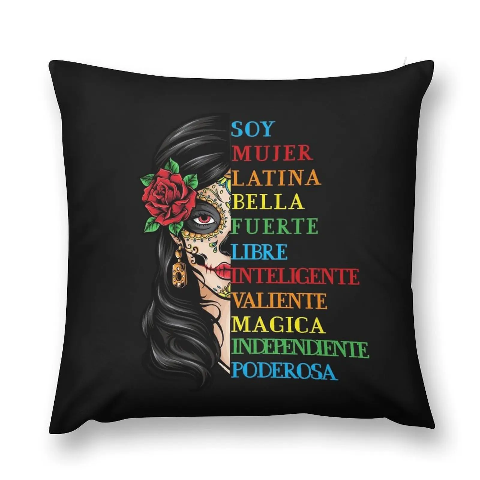 Soy Mujer Latina Chingona Red Rose in Hair Inspirational Quote Mujer Latina, Mexican women, Mexican pride Throw Pillow