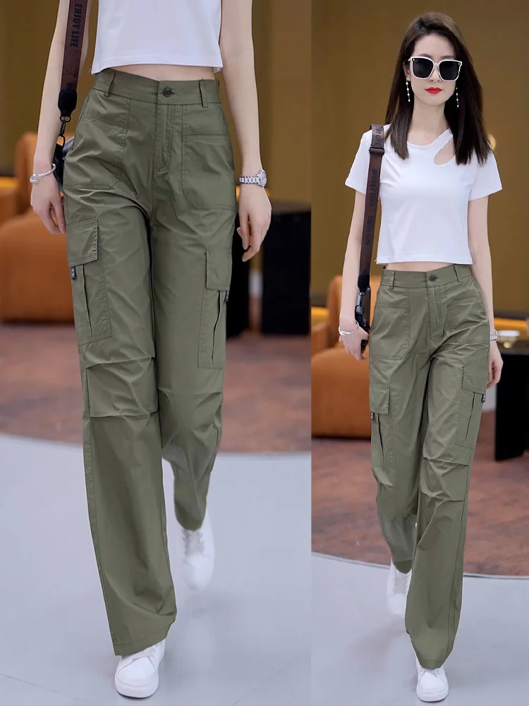 

Military Green Work Pants Women Summer New Straight Ice Silk Wide Leg Quick Dry American Casual Sports Pants