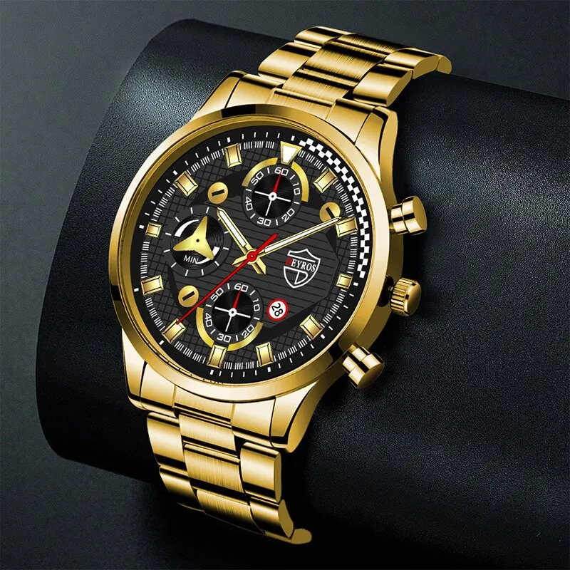 2PCS Fashion Mens Gold Bracelet Watches Set Men Business Stainless Steel Quartz Watch Male Calendar Date Wristwatch Reloj Hombre