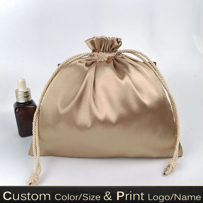 Custom Logo Satin Pouch Jewelry Packaging Pure Silk Dust Drawstring Bag Party Makeup Wedding Storage Gift Cloth Packing Bags 20p