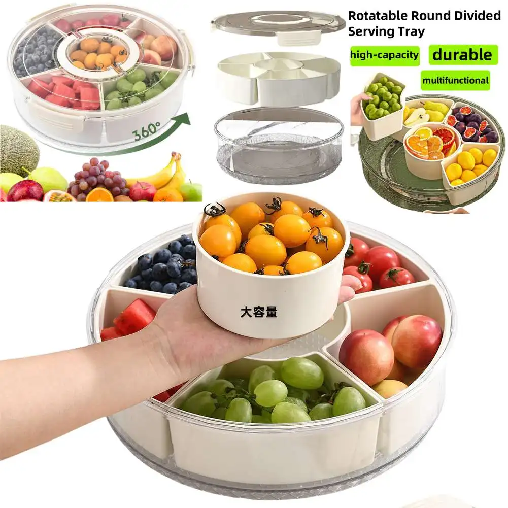 

1PC 360° Rotating Snack Tray Storage Box with Lid and Handle Multi-Compartment Fruit Vegetable Tray Stackable Snack Box for home