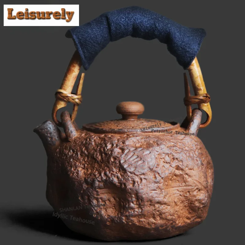 

650ml Coarse Pottery Stone Pattern Lifting Handle Boiling Water Kettle Large Capacity Tea Maker Pot Flower Tea Kettle Tea Items
