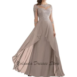 Fashion 3/4 Sleeves Bridesmaid Dresses for Wedding High Neck Lace Up Formal Dress Floor Length Appliques Lace Evening Gown