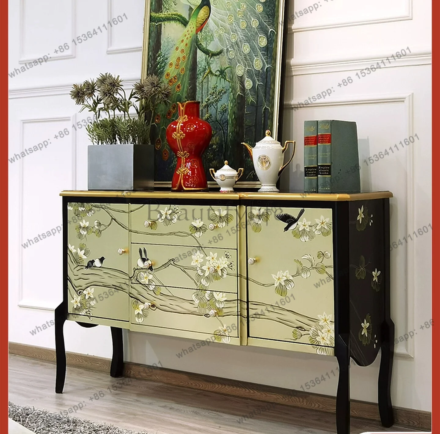 Light luxury new Chinese decorative painted side cabinet aisle foyer solid wood end view cabinet