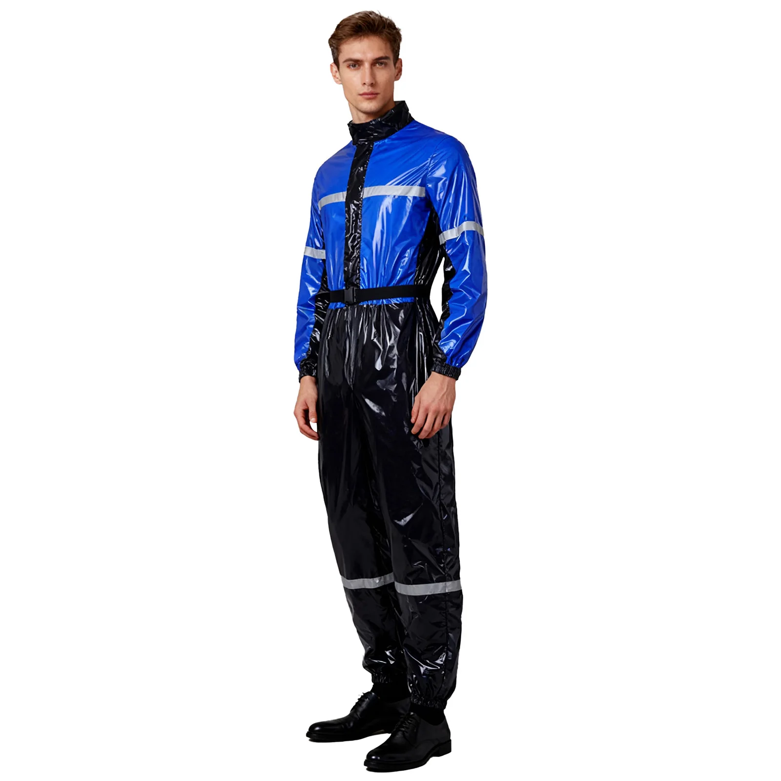 Men‘s Reflective Strips Water Resistant Coveralls Color Block Bodysuit Workwear Stand Collar Long Sleeves Front Zipper Jumpsuit