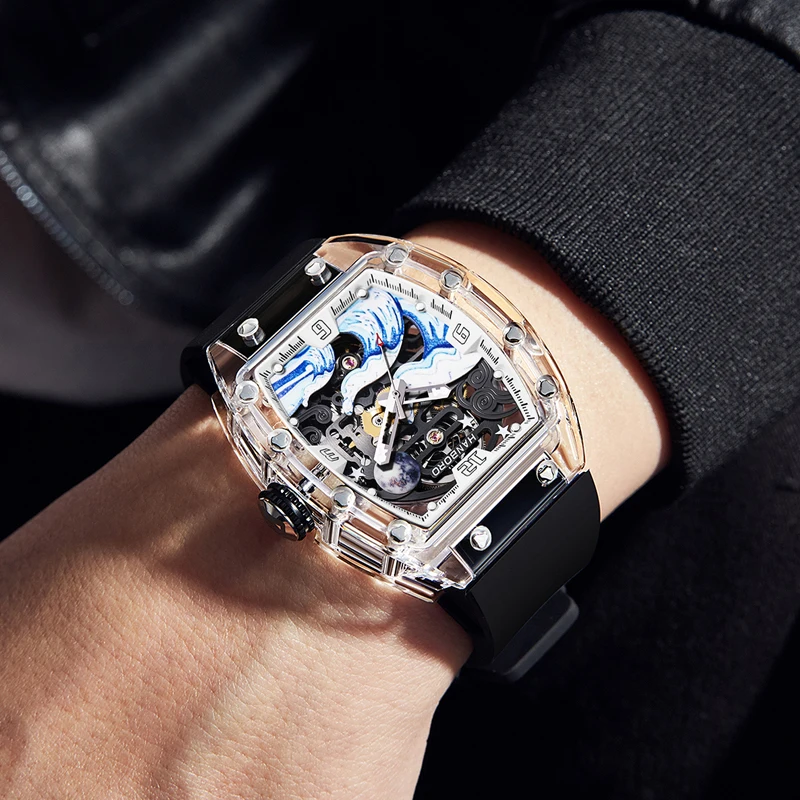 HANBORO Heren automatisch horloge Luxe mechanisch polshorloge Tonneau Transparant acryl behuizing Waterdicht Volledig lichtgevende golfwijzerplaat
