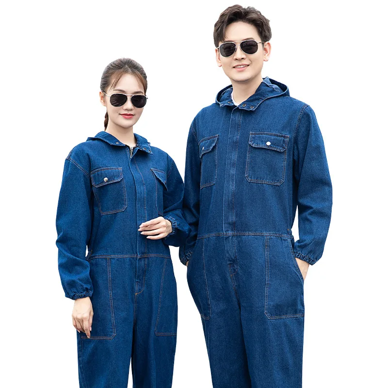 High quality denim overalls welding suit hooded working coveralls multi pockets auto repairman mechanical labor working rompers