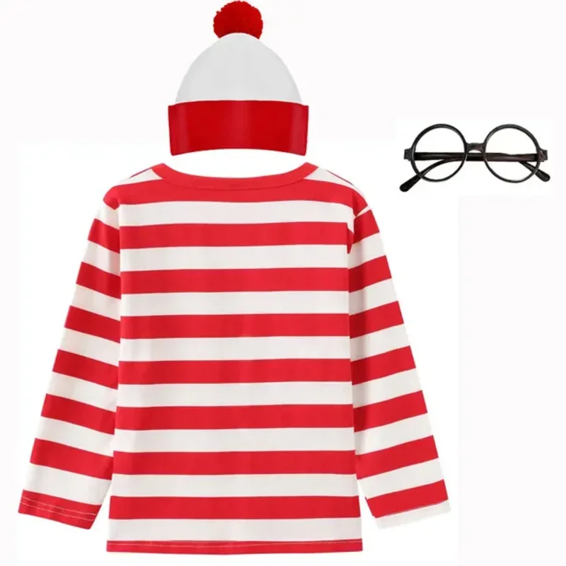 Traje de la semana del libro de Waldo para niños y niñas, disfraz de Wally Waldo de dibujos animados para padres e hijos, camisa a rayas rojas, sombrero, gafas