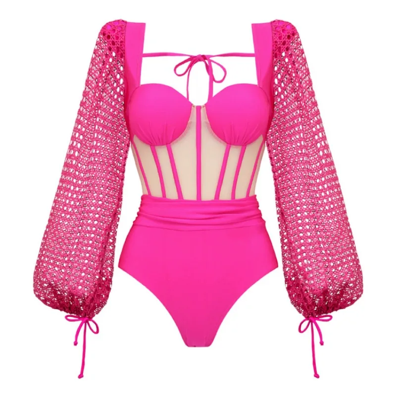 One Piece Swimsuit For Women Foreign Trade Swimsuit Fluorescent Rose Red Mesh Fishbone Backless Long-sleeved One-piece Swimsuit