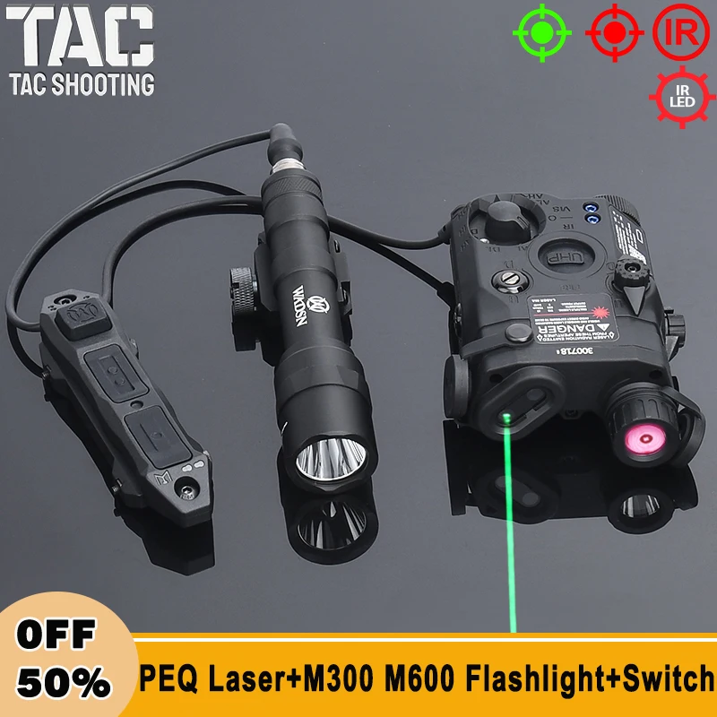 

Tactical PEQ-15 IR Red Green Dot Aiming Indicator SF M300 M600 Flashlight LED Hunting Scout Light Dual Control Pressure Switch