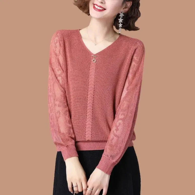 Women's Clothing Lace Knitted Sweaters Casual V-Neck Stylish Hollow Out Spring Autumn New Loose Long Sleeve Solid Color Jumpers