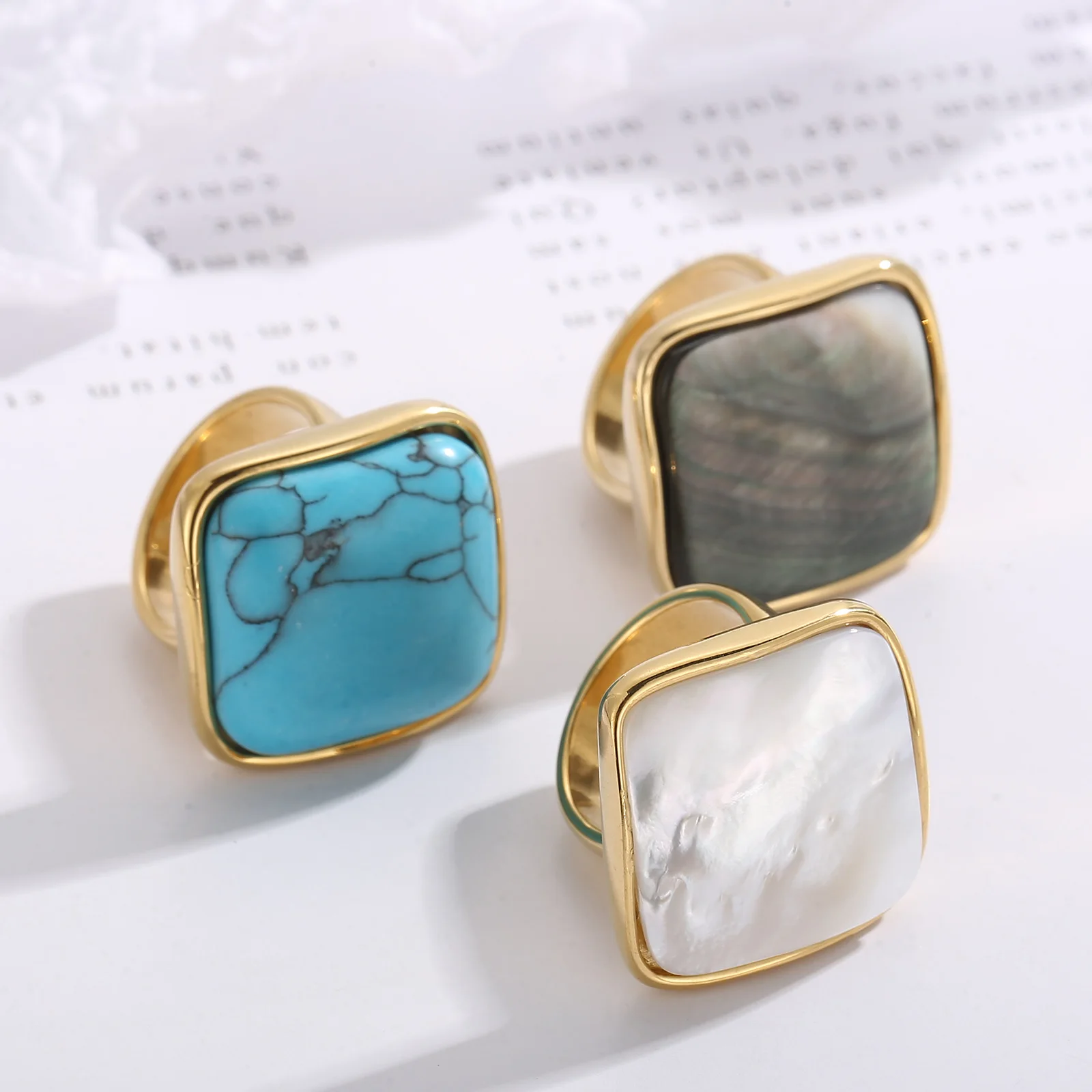 KALEN Big Stainless Steel Pearl Shell Rings For Women Girls Geometry Square Turquoise Rings Party Jewelry