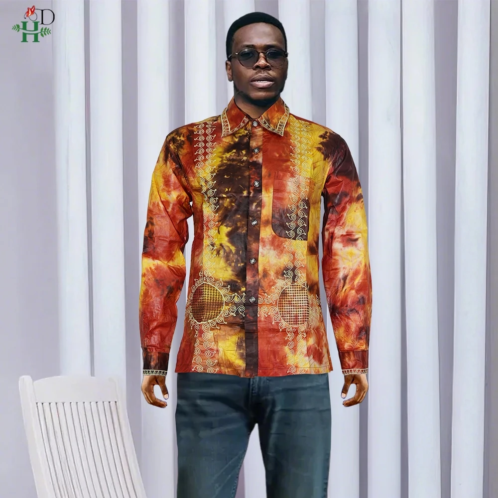 H&D African Mens Clothing Traditional Ankara Dashiki Men Shirt Embroidery Shirt Fashion Print Bazin Blue 2024