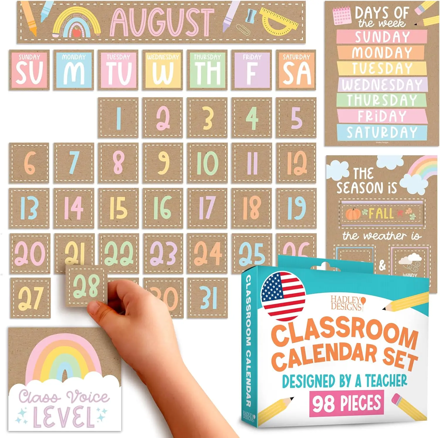 

Classroom Calendar Bulletin Board Set - Kraft School Calendar Decor for Preschool, Kindergarten, Elementary Teachers, Homeschool