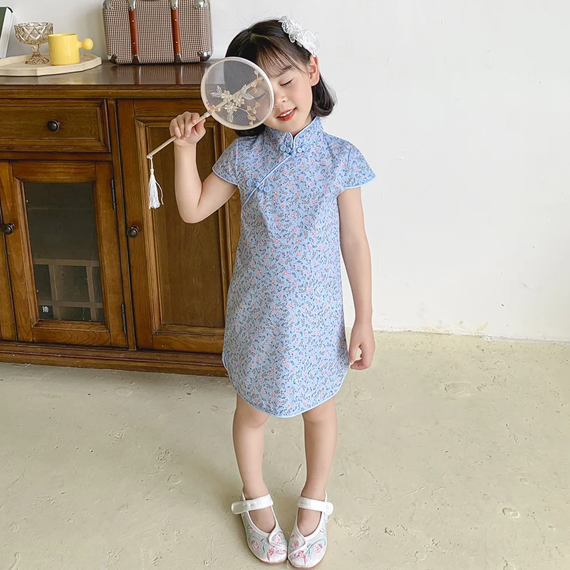 Girls\' dress summer dress new Chinese style cheongsam floral foreign style princess dress summer 2024 new  Chinoiserie 2-9Y