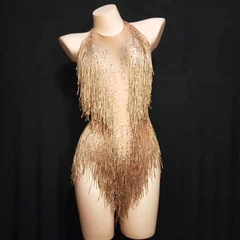 

Rhinestones Gold Tassel Sleeveless Bodysuit Female Jazz Team DJ Pole Dancing Acrobatics Performance Crystals Fringes Leotard