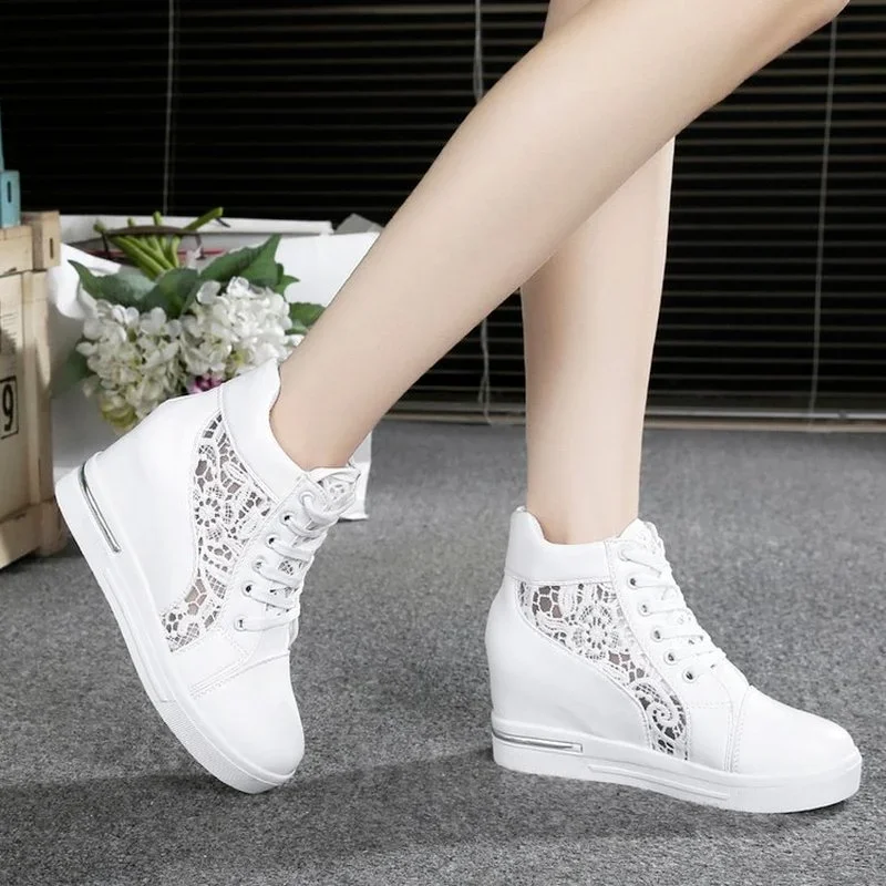 2023 New Women Wedge Platform Sneakers Rubber Leather High Heels Lace Up Shoe Height Increasing White Thick Bottom Zapatos Mujer