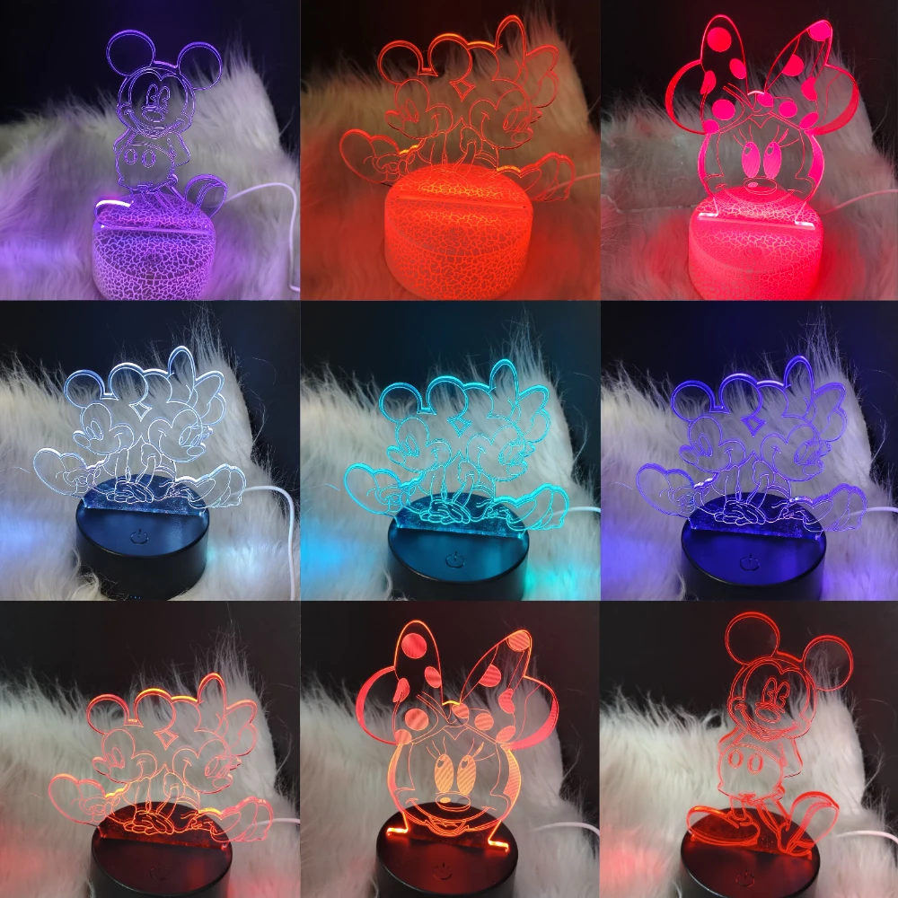 

3D ночник с героями мультфильмов Диснея, Минни, Микки Маус, акриловая сенсорная 3D лампа-иллюзия, декоративная настольная лампа для спальни, детские игрушки, подарки
