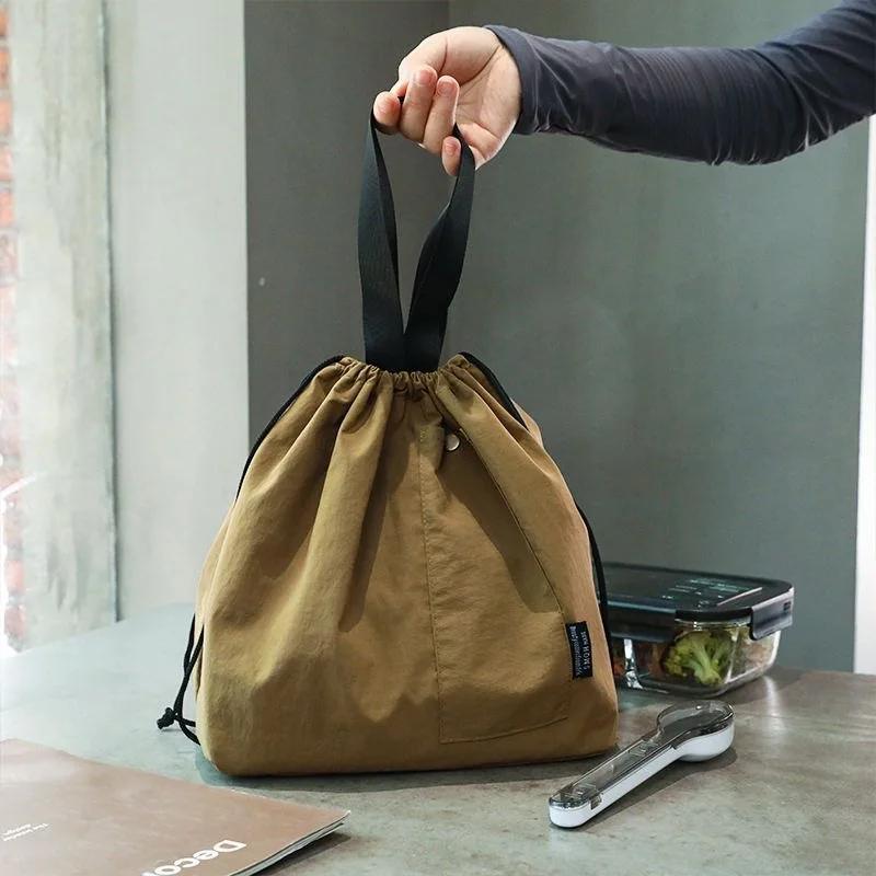 Borsa da pranzo coreana giapponese in tela di cotone grande tinta unita con coulisse borsa da picnic portatile con isolamento termico Bento Box