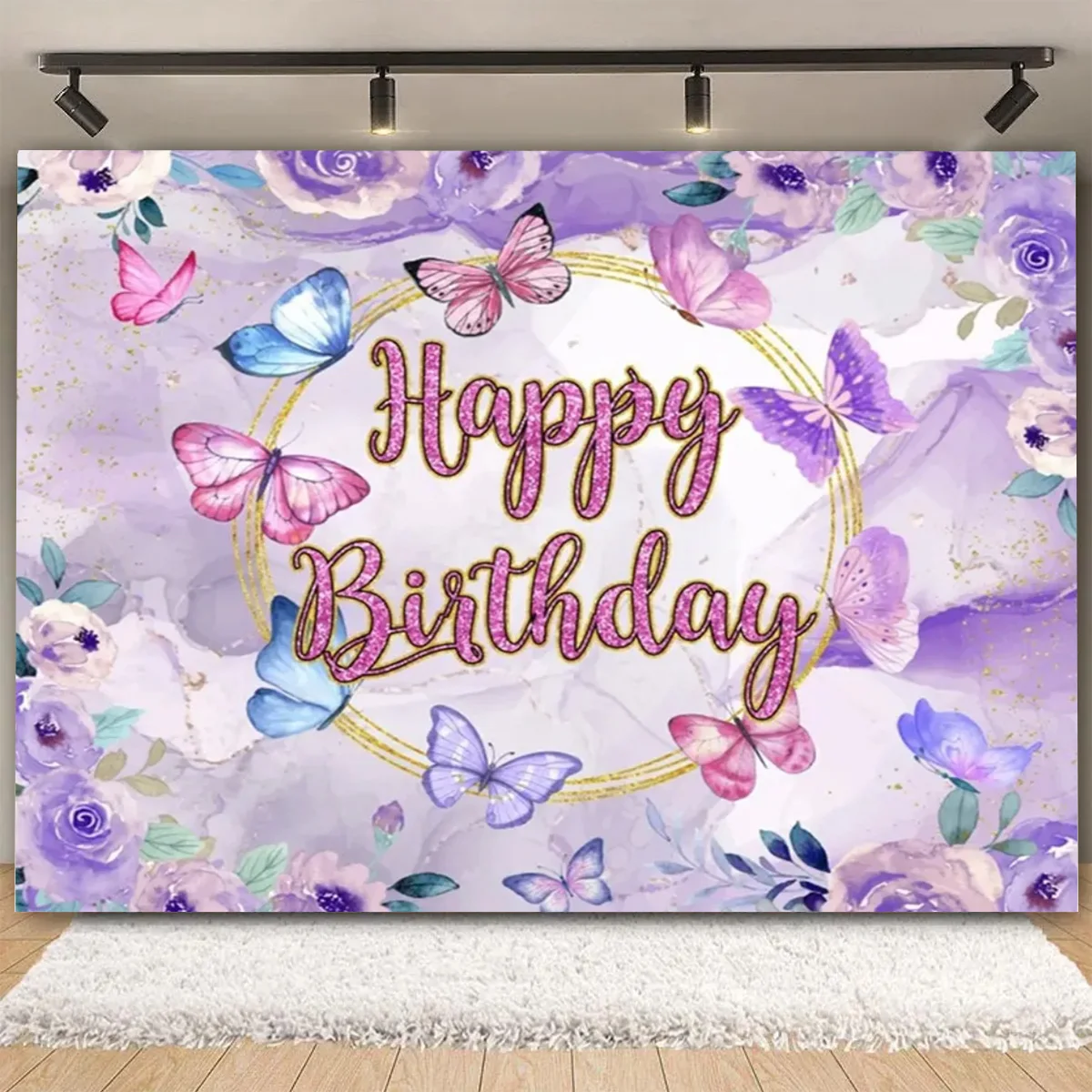 Cartoon Pink Purple Butterfly Birthday Party Backdrops Girl First Birthday Party Flower Gold Dots Baby Shower Wedding Decoration