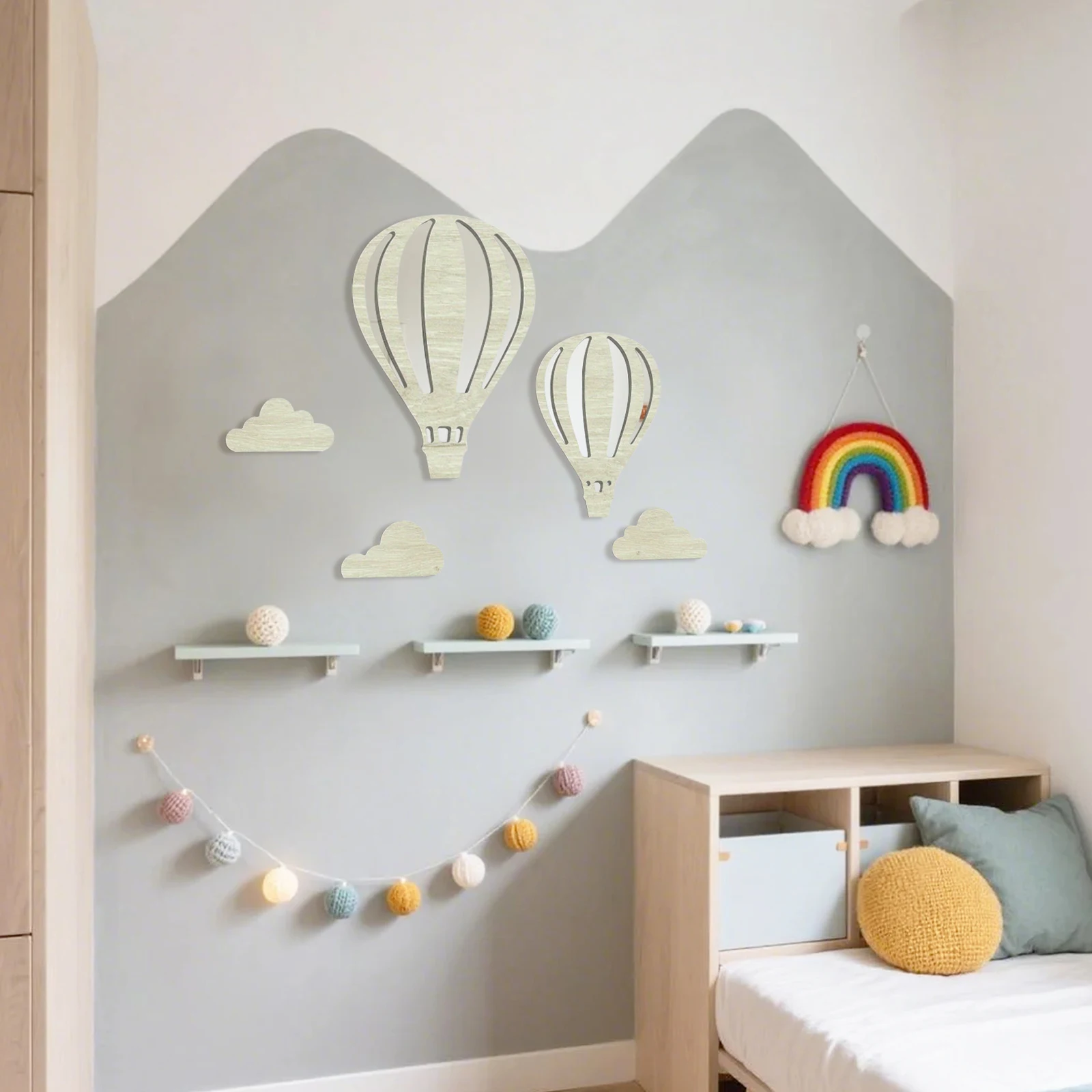 Simple Wooden Wall Decoration Hot Air Balloons Sun Moon Stars Heart-shaped Wall Ornaments Warm Sweet Children's Rooms