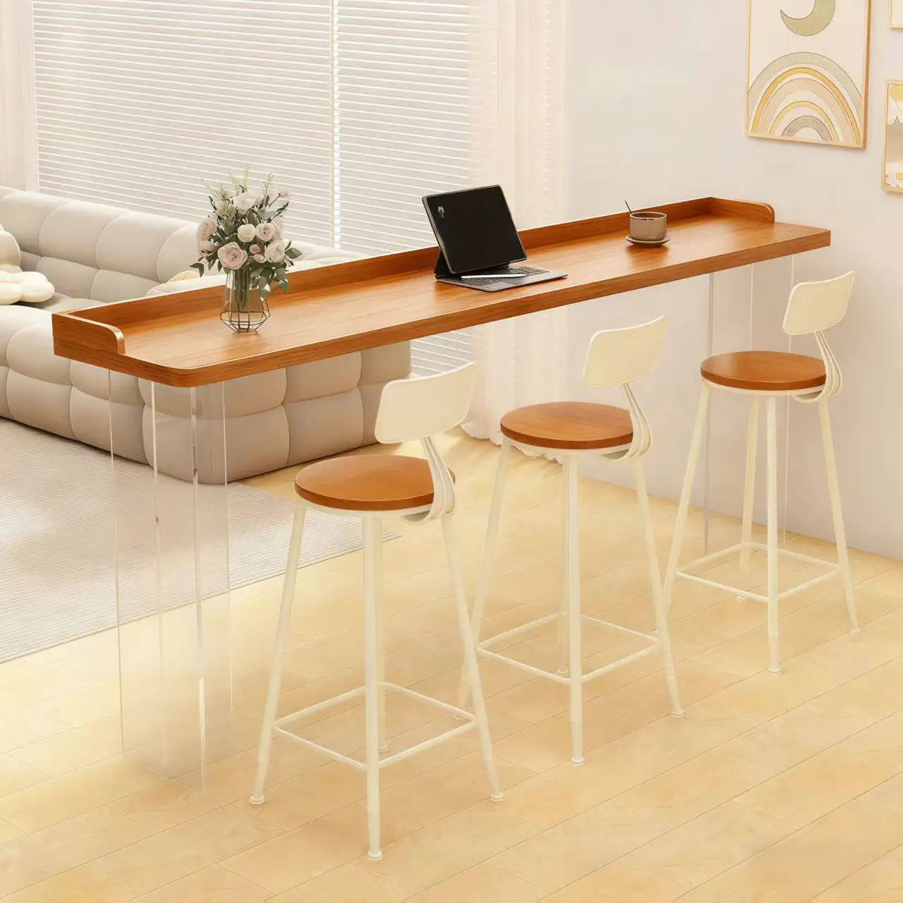 

Простой барный стол из массива дерева и акрила, узкий стол на высоких ножках, прозрачный, настенный, для балкона.