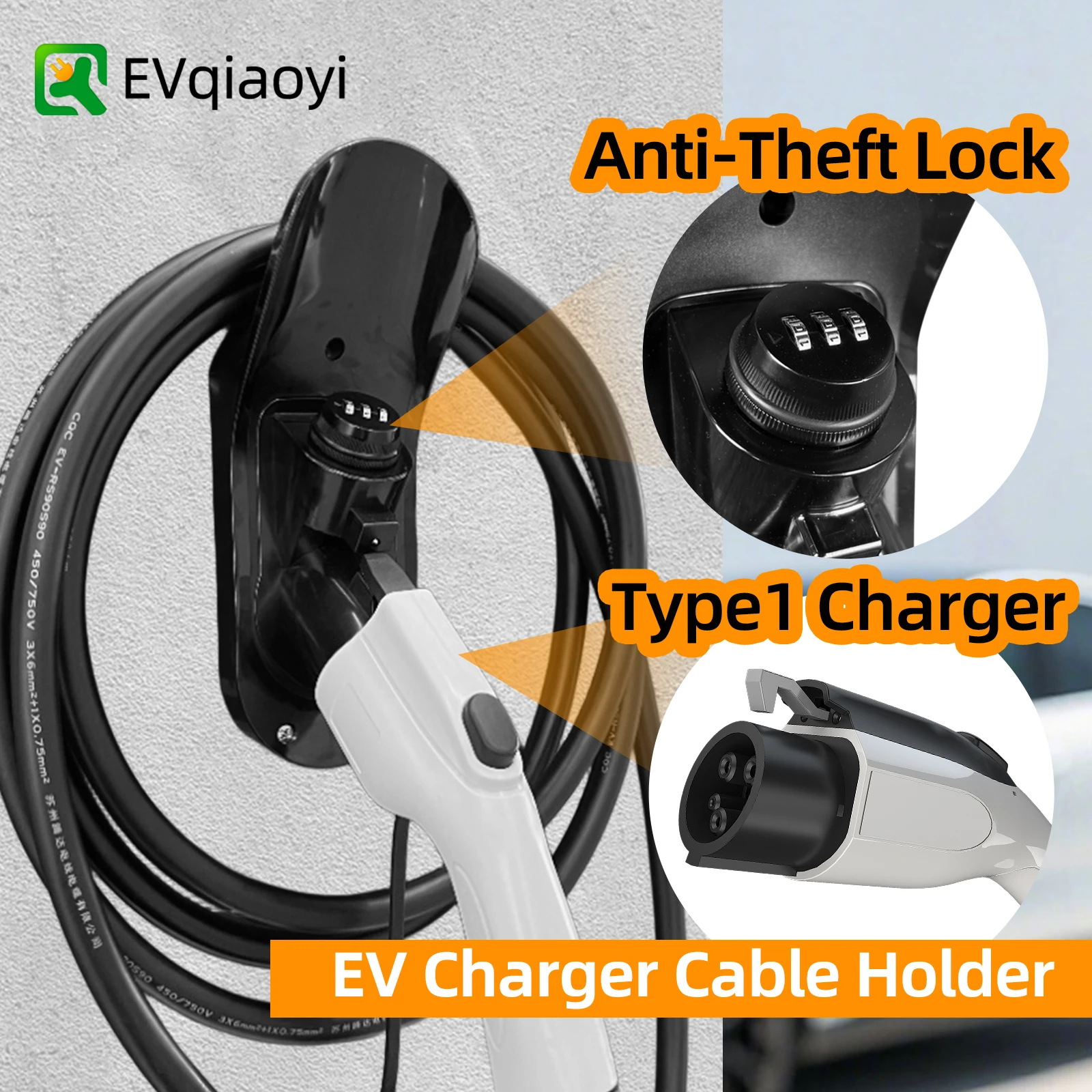 

Запираемый держатель для зарядного устройства EVqiaoyi типа 1, настенное крепление J1772, кронштейн для зарядной насадки, крючок для зарядного кабеля с противоугонным замком
