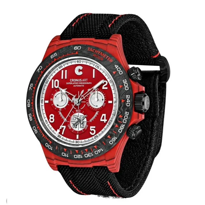 CRONUSART Men Automatic Watch 40mm Chronograph Mechanical Wristwatch Carbon Fiber Case Luminou Canvas Leather Strap