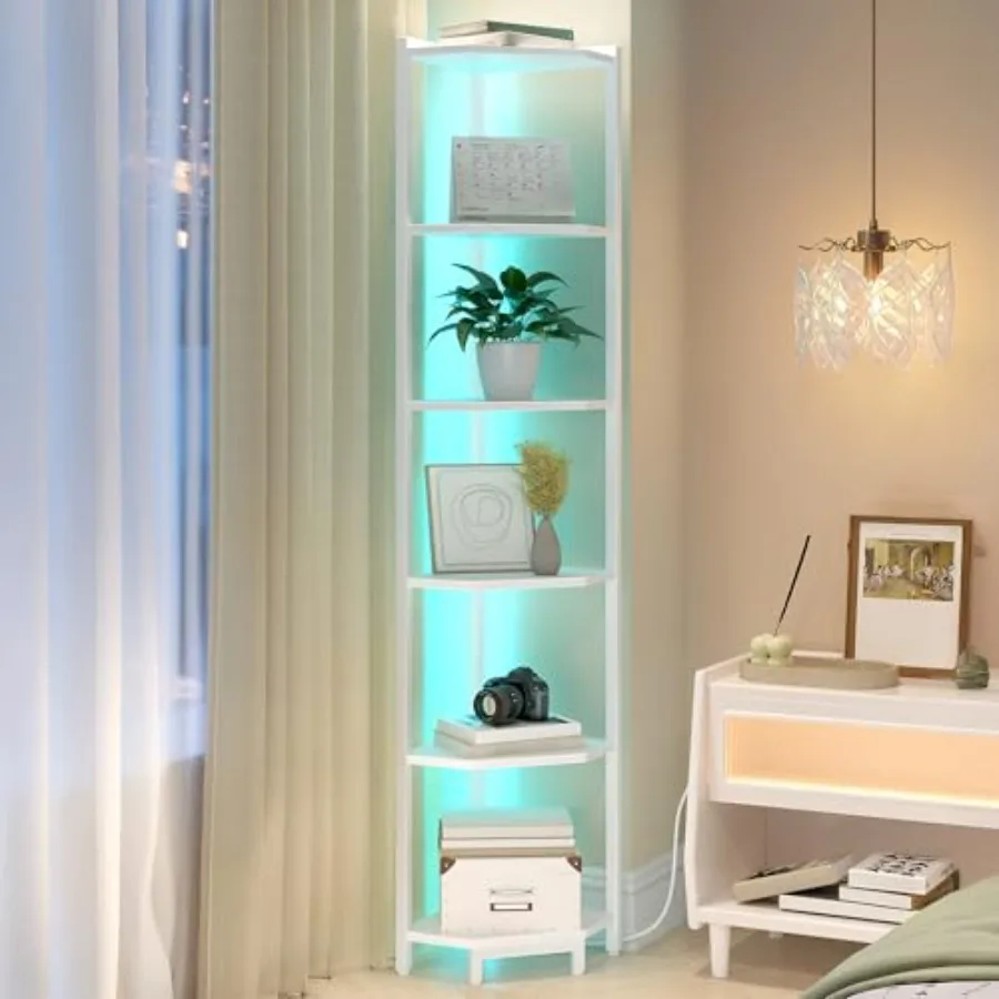 Corner Shelf with LED Light 6 Tier Corner Bookshelf Standing Shelf Tall Narrow Display Bookcase with Metal Frame for Small Spac