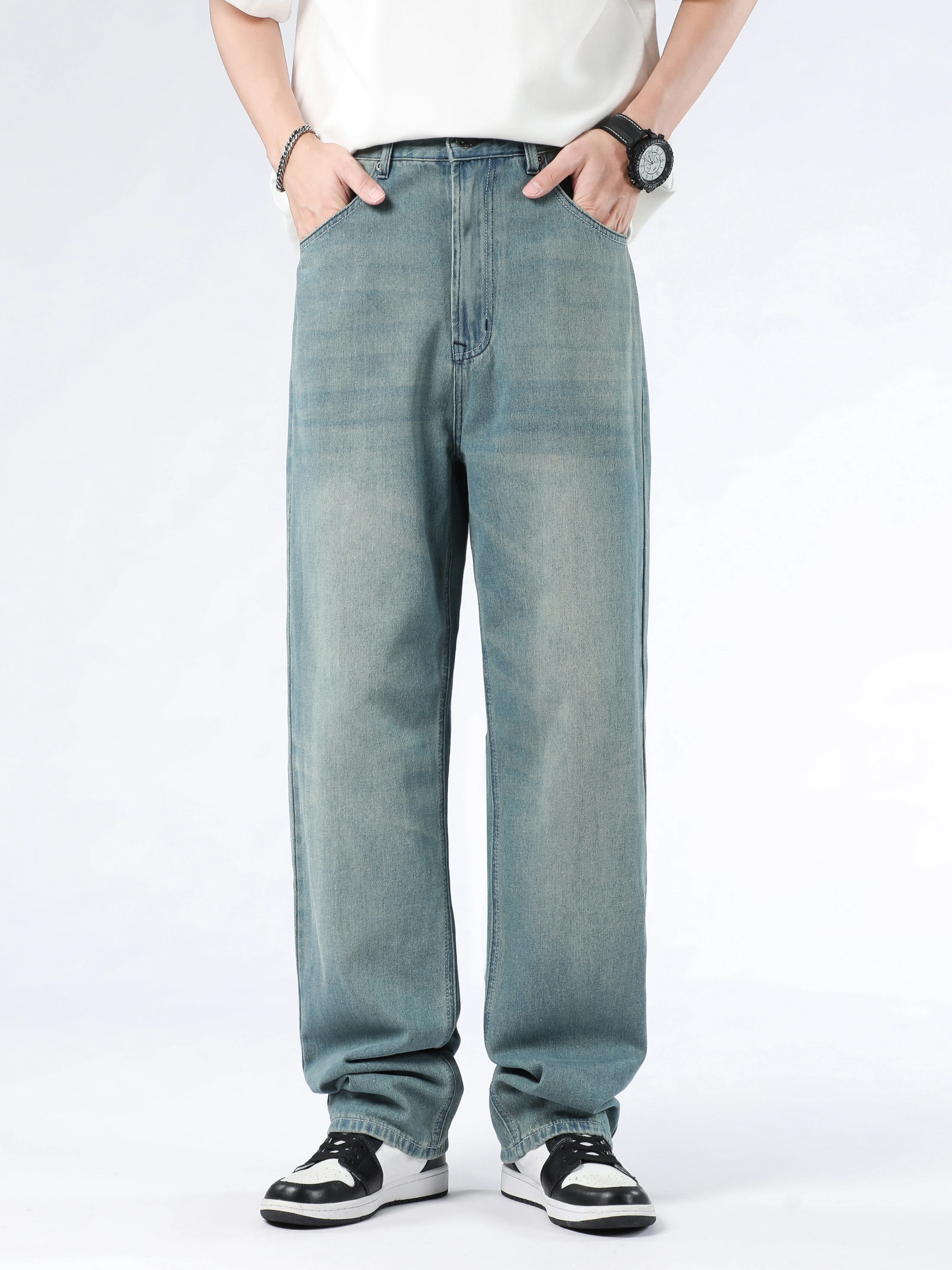 

CHICVOY Men's washed jeans, new HIPHOP fashion pants, skateboard loose straight pants, increased fertilizer.