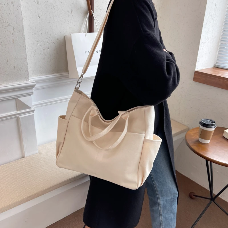 Ins Lazy Wind Canvas Big Bag, New Korean Version Of The Single Shoulder Crossbody Bag Female Simple Literary Solid Color