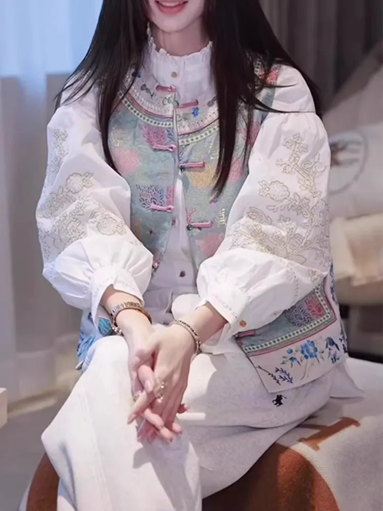 

New Chinese Sle National Trend High-End Song Jin Embroidery Vest White irt Two-Piece Set Women Early Autumn Faion