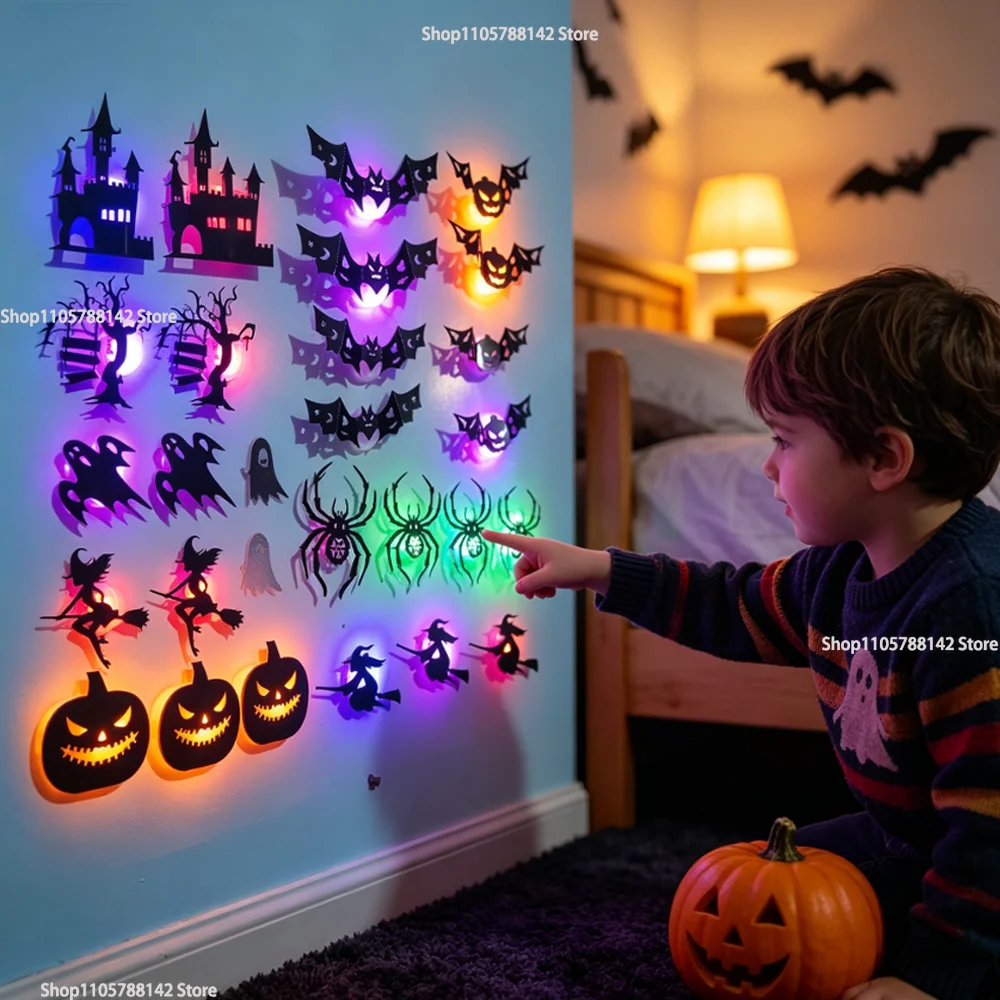 30/8pcs Halloween Silhouette Wall Stickers Luminous Window Decals Self Adhesive Witch Castle Spider Ornament Wall Party Supplies