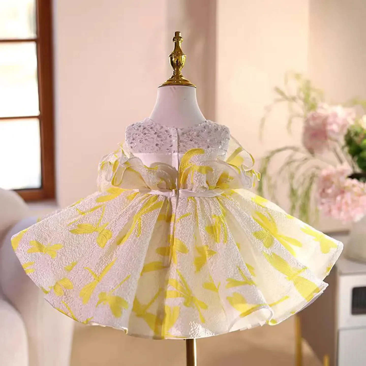 Custom Girls Luxury Beaded Neck Ruffle Print Short Tulle Flower Girl Dress Wedding Party Gown Birthday Party Pageant Runway