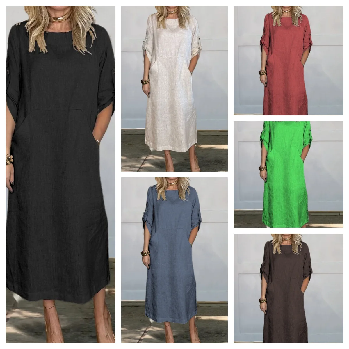 Damska bawełniana lniana długa sukienka z podwójnymi kieszeniami Monochromatyczna sukienka retro z okrągłym dekoltem Wiosna Lato Nowy Casual Lady Robe — zdjęcie 7
