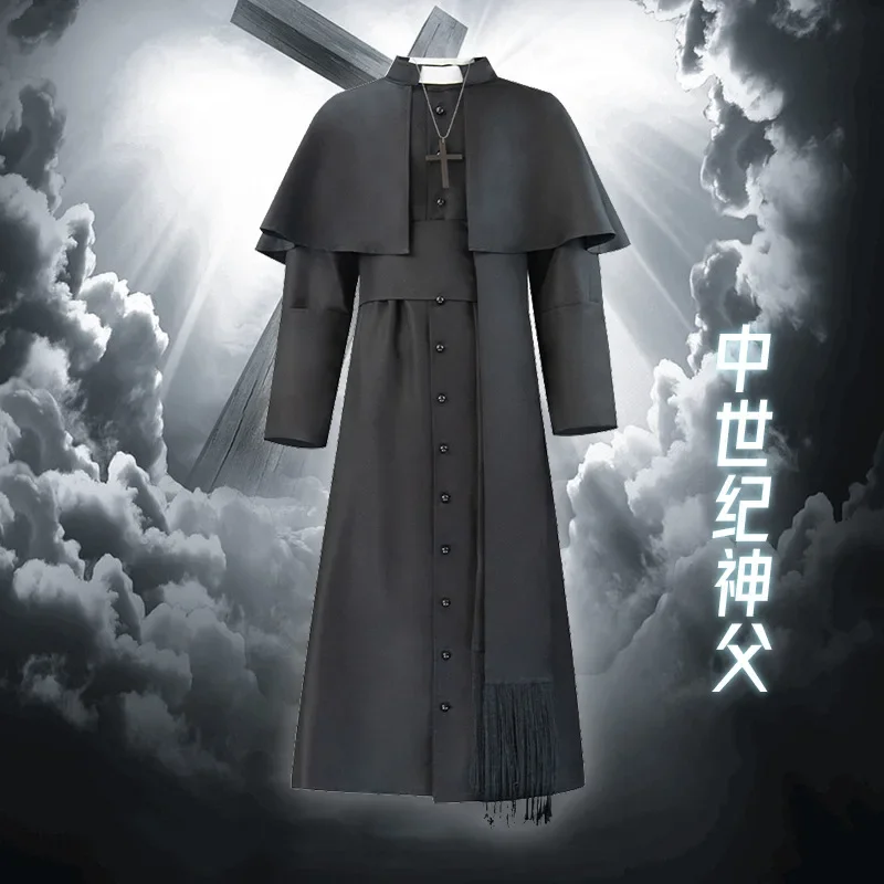 Cosplay legend Clergy Robe Cassock with Cincture Medieval Clergyman Vestments Roman Priest Robe Cassock Costume for Men Witch