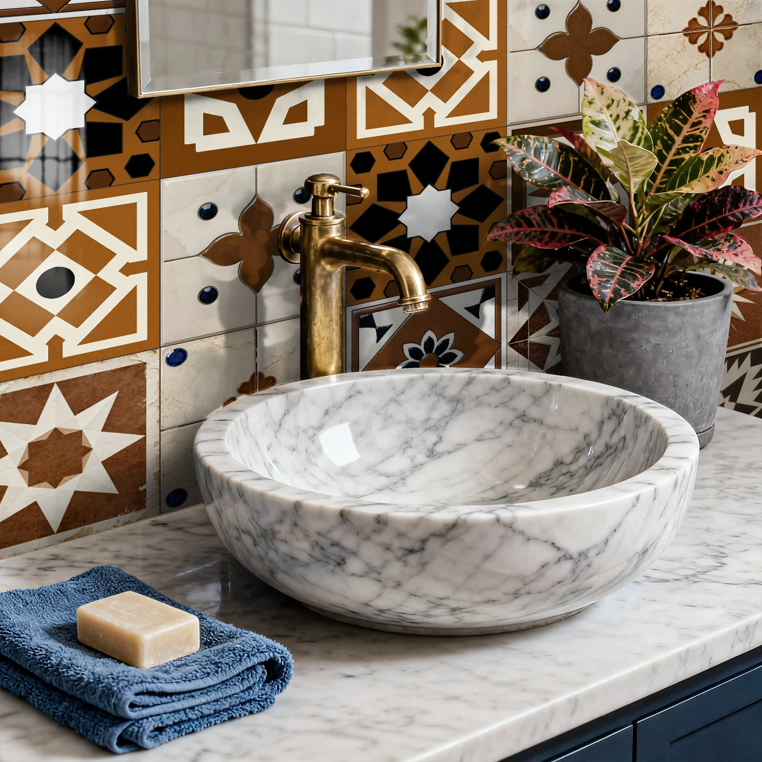 24pcs Moroccan floral tile self-adhesive wall stickers, suitable for bathrooms, kitchens, TV background walls, home décor,