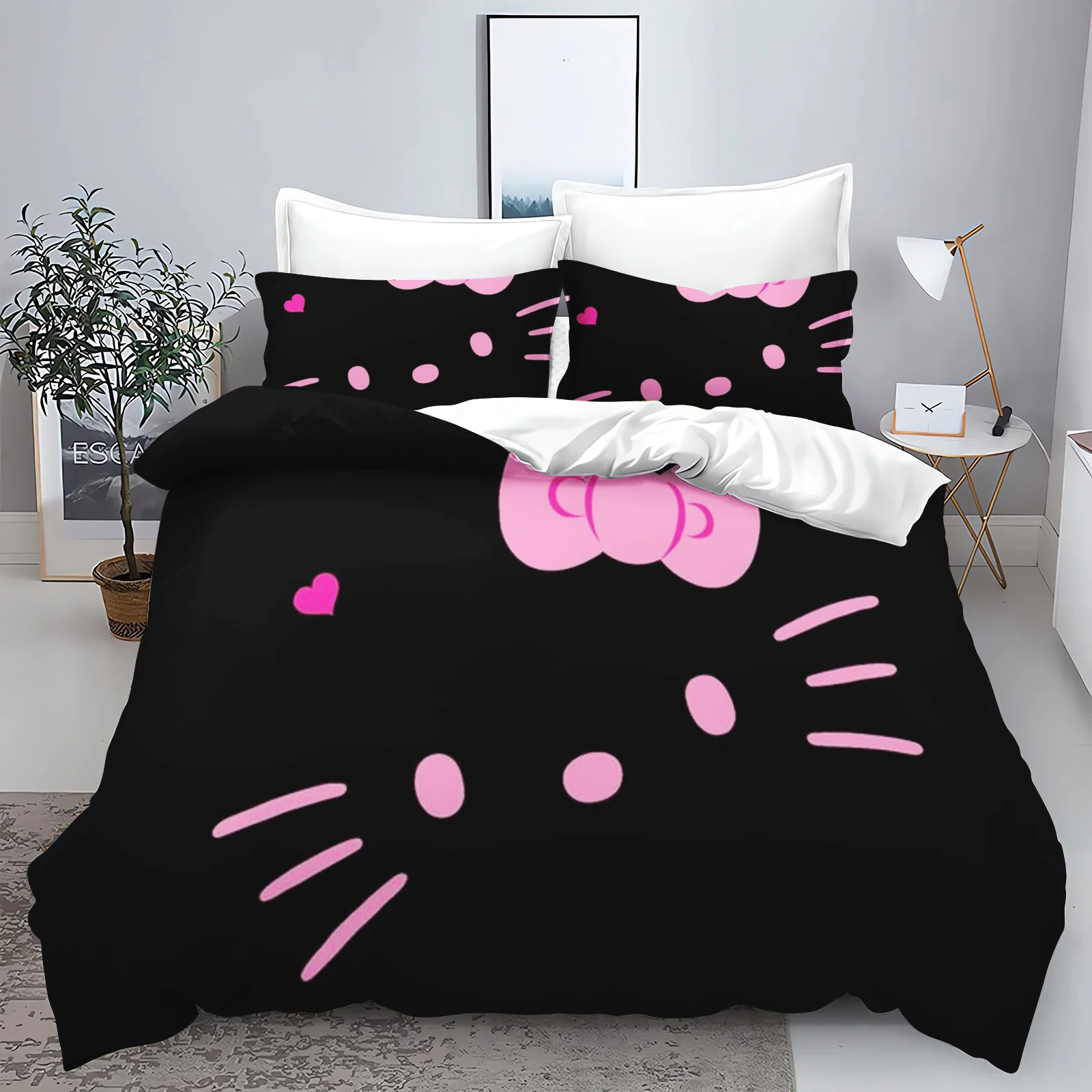 Juegos de edredón Hello Kitty, juego de cama para niños, juego de 3 piezas doble para el hogar, 1 funda de edredón de lujo, 100% poliéster,