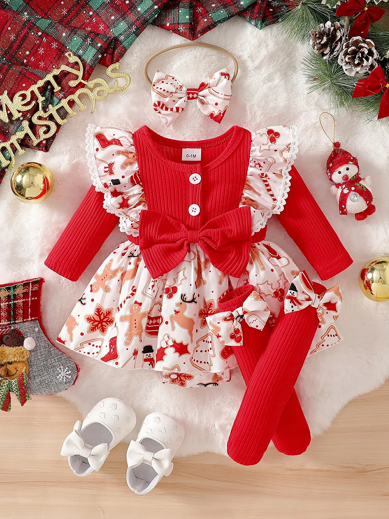 Newborn Baby Girls Christmas Cute Red Crew Neck Ribbed Bodysuit with Cartoon Gingerbread Man, Christmas Tree & Santa Pattern + B