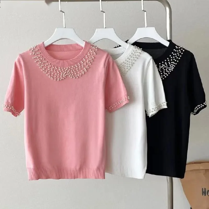 Chic Beaded Knit Sweater T-shirt Women Elegant Korean Fashion Solid Ladies Tees Tops Knitwear Summer Short Sleeve O-neck Jumper