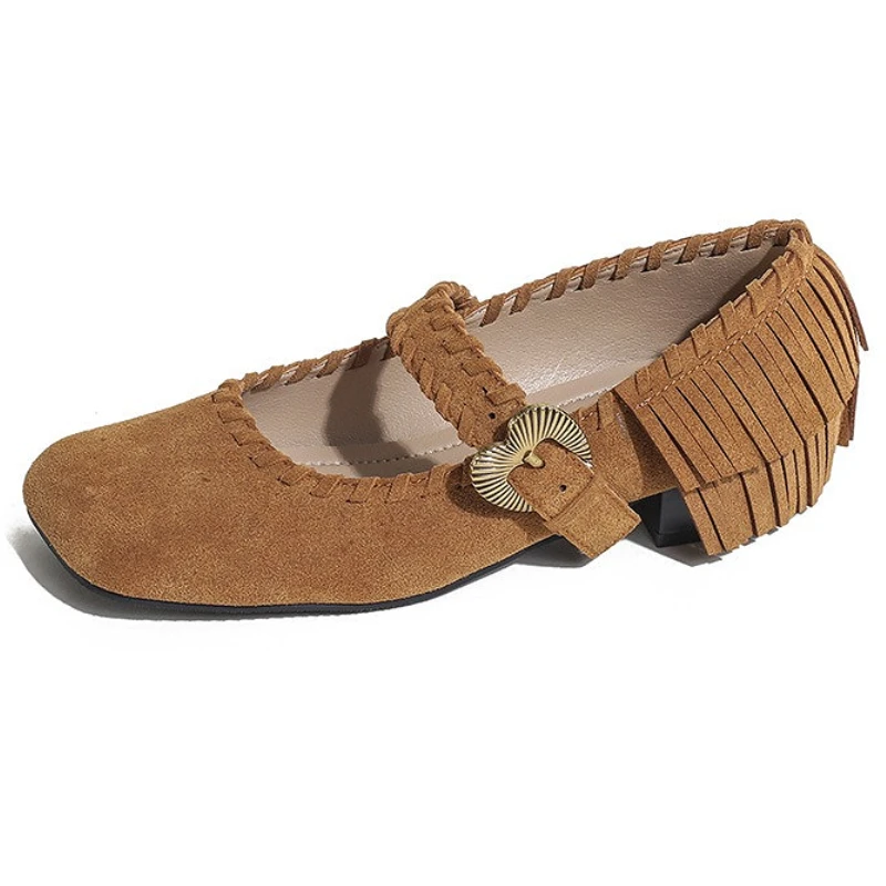 

Tassel Retro Suede Mary Jane Shoes Women Square Toe Low Heel Women Shoes Metal Buckle Elegant Designer Shoes Zapatos De Mujer