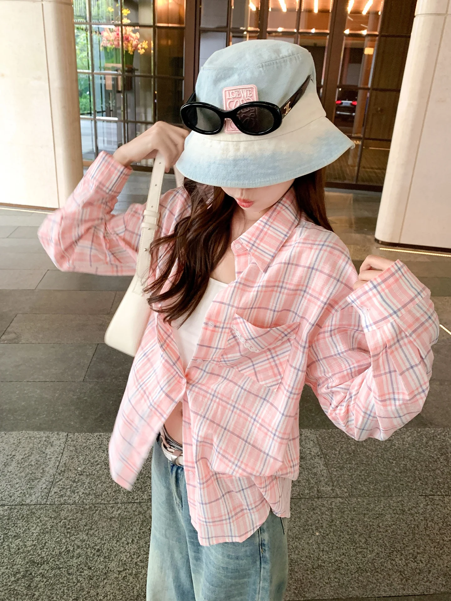 

Pink Plaid Long Sve Loose Fit Thin Outerwear irt for Women Spring New Sle Korean Sle Commute Sle Button up Top