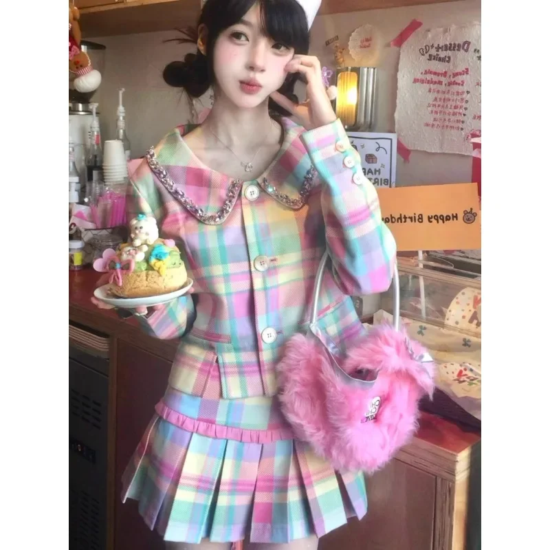 

College Style Kawaii Outfit Student Female 2025 Spring New Retro Women Rhinestones Doll Collar Coat and Plaid Pleated Skirts Set