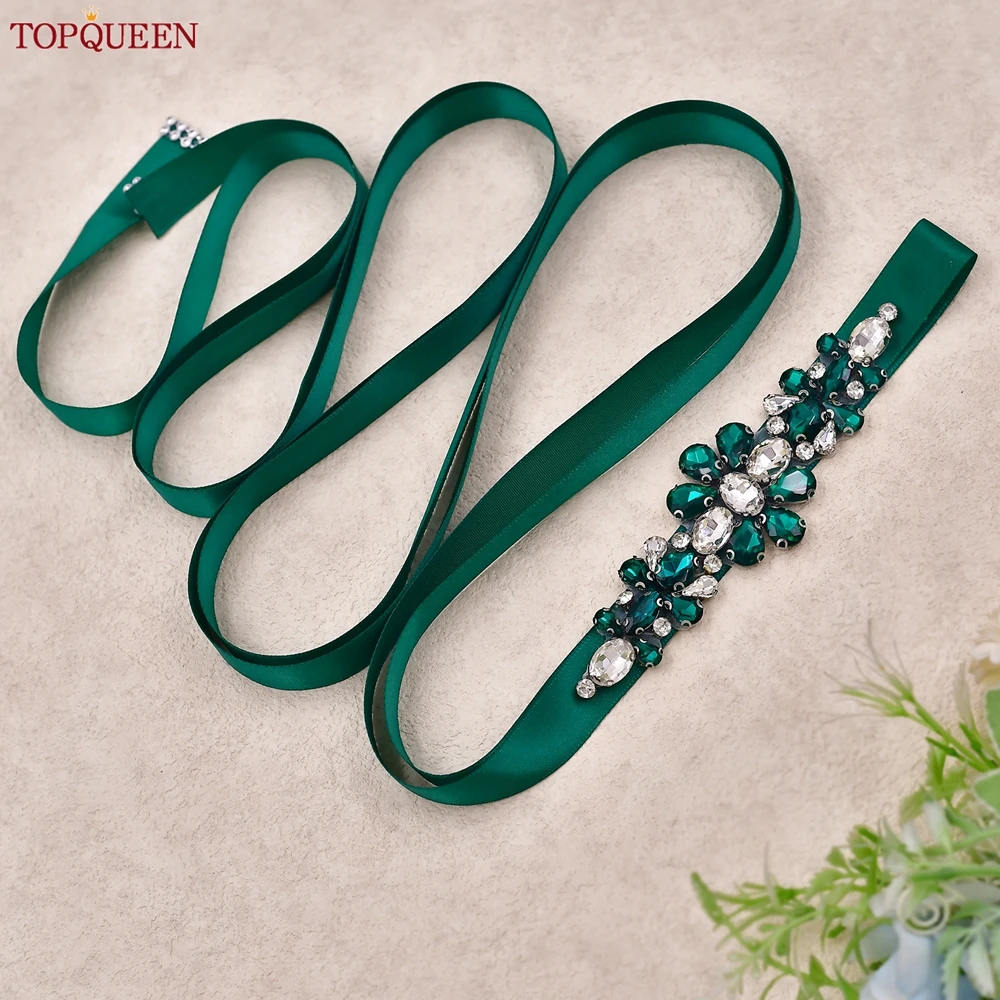 TOPQUEEN Simple Affordable Green Glass Rhinestone Bridal Sash Evening Dress Decoration Bridesmaid Belt Wedding Women's Belt S45