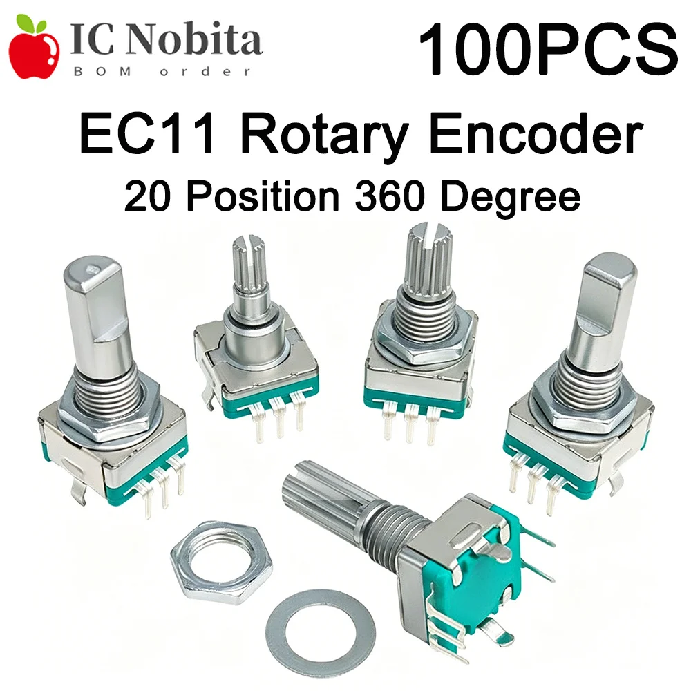 100PCS EC11 Rotary Encoder 20 Position 360 Degree Rotation Encoder with Push Button Switch 5Pin Long Handle 15mm/20mm